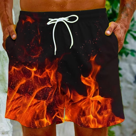 Deals of the Day Clearance Pitauce Men's Summer Plus Size Board Shorts Flame Print Breathable Quick-Drying Beachwear Elastic Waist Drawstring Beach Bathing Suit with Pocket
