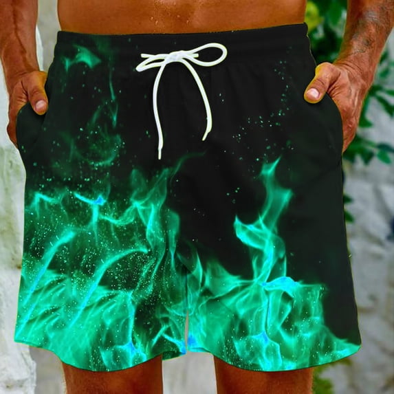 Pitauce Men's Summer Plus Size Board Shorts Flame Print Breathable Quick-Drying Beachwear Elastic Waist Drawstring Beach Bathing Suit with Pocket