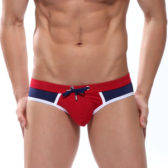 Pitauce Mens Color Block Swim Briefs Low Waist Drawstring Bikini Swimsuits Quick Dry Swimwear Beach Swim Shorts