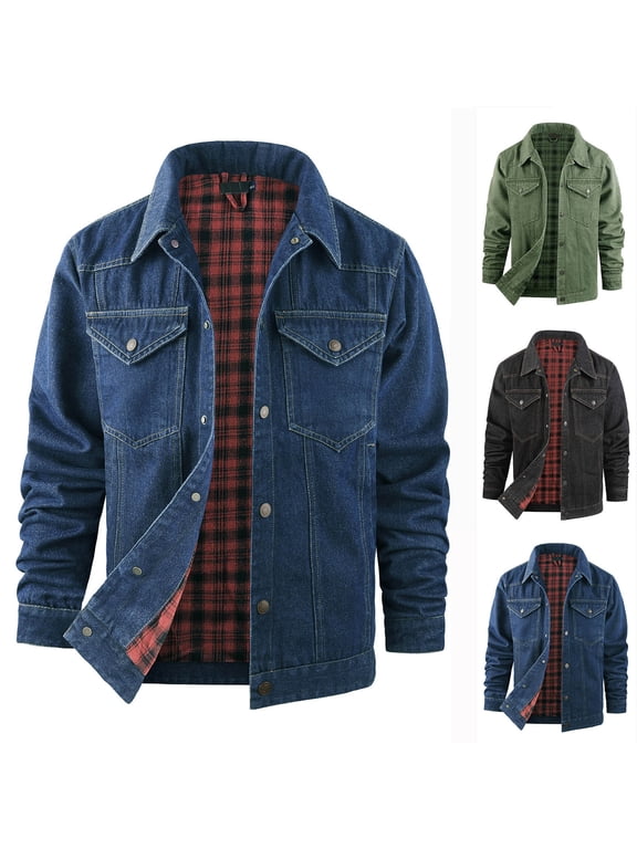 Mens Denim Jackets Flannel Lined Casual Plaid Button Down Jean Shirt Trucker Coat Casual Outerwear Jackets with Pockets