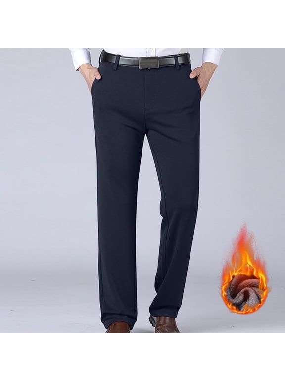 Mens Fleece Lined Dress Pants Straight Leg Thermal Work Pants Flat Front Pants Casual Stretch Golf Pants Trousers with Pockets