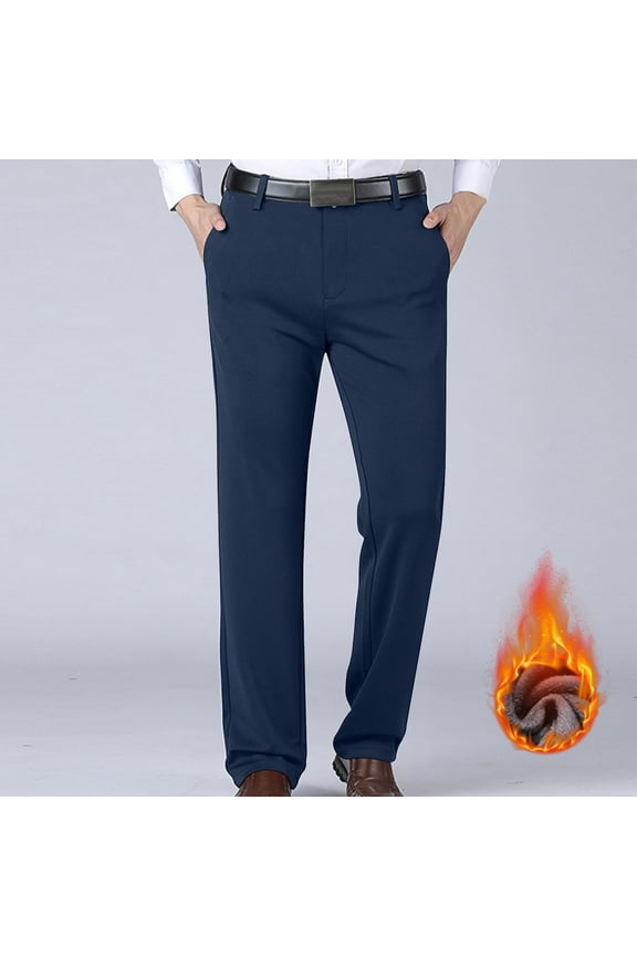 Mens Fleece Lined Dress Pants Straight Leg Thermal Work Pants Flat Front Pants Casual Stretch Golf Pants Trousers with Pockets