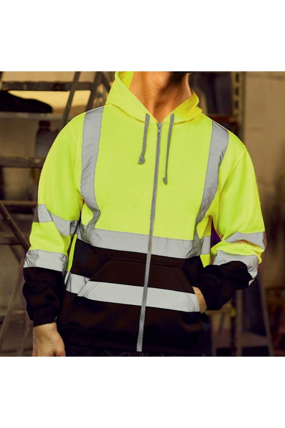 Mens Hi Vis Hoodies, Zip Up Safety Jacket with Reflective Strips, High Visibility Work Hoodie for Construction (Available in Big & Tall)