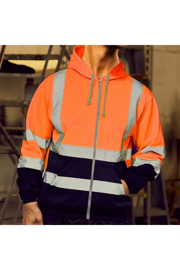 Mens Hi Vis Hoodies, Zip Up Safety Jacket with Reflective Strips, High Visibility Work Hoodie for Construction (Available in Big & Tall)
