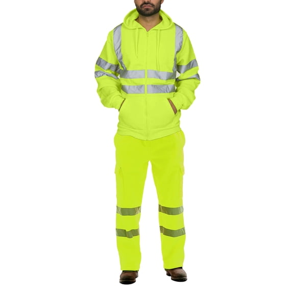 Pitauce Mens High Visibility 2 Piece Set Workwear Reflective Strips Safety Hoodies & Pants Hi Vis Rain Sets