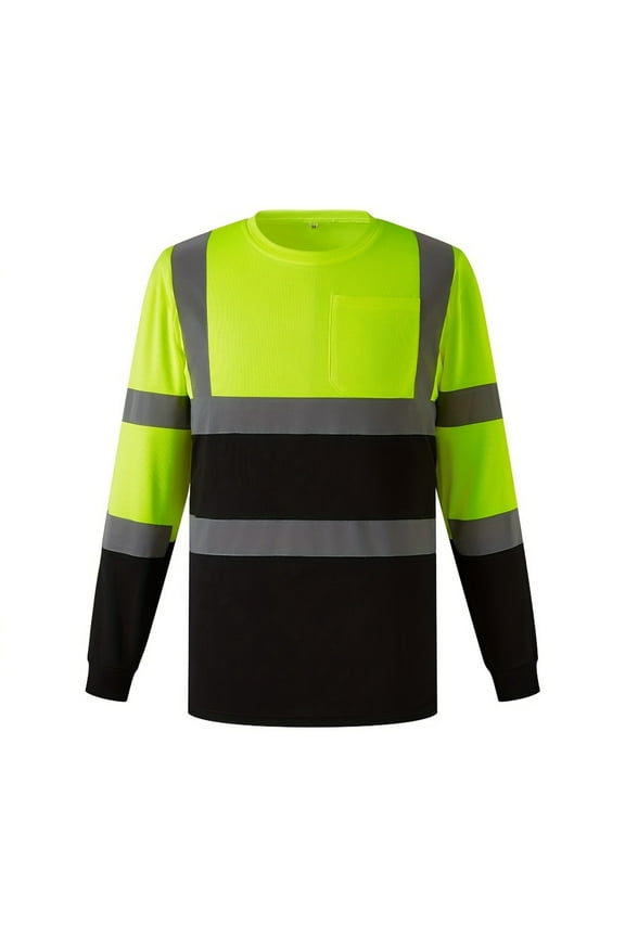 Mens High Visibility Safety Shirts Reflective with Reflective Strips and Pocket Long Sleeve Quick Dry Mesh Construction Work Shirt with Black Bottom