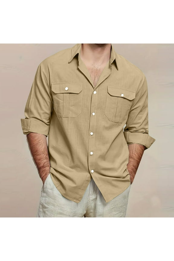 Mens Long Sleeve Button Down Linen Shirts Solid Lapel Big & Tall Work Shirts Classic Loose Casual Dress Shirt with Pockets, S-5XL