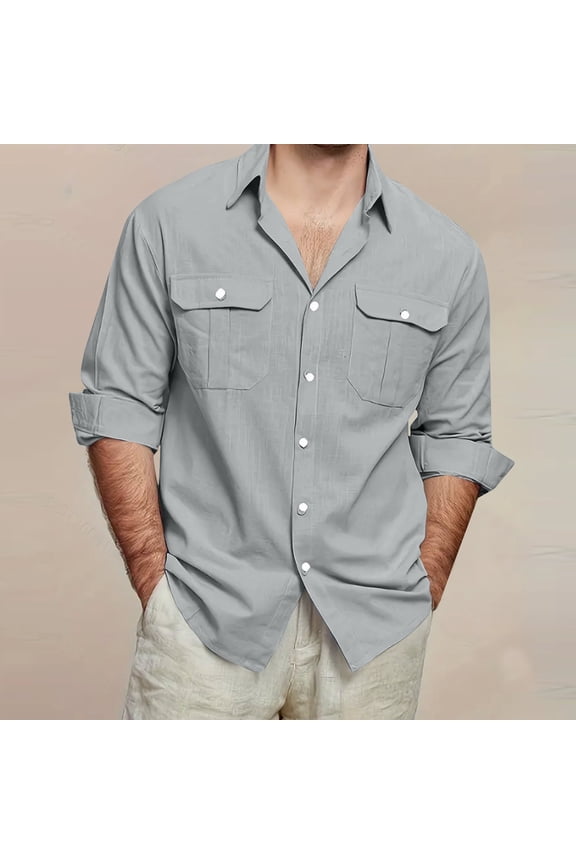 Mens Long Sleeve Button Down Linen Shirts Solid Lapel Big & Tall Work Shirts Classic Loose Casual Dress Shirt with Pockets, S-5XL
