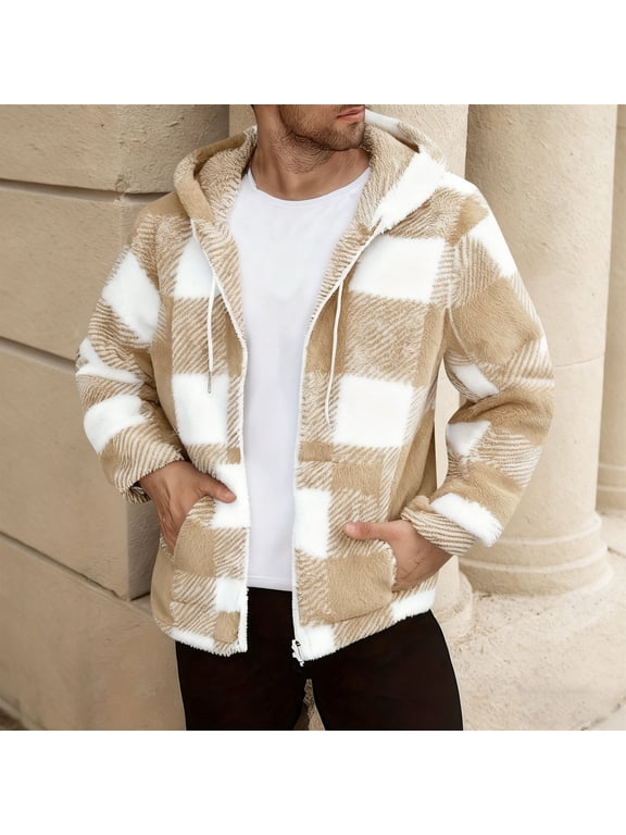 Mens Plaid Sherpa Jacket Button Down Plush Flannel Coat Casual Warm Fleece Lined Outerwear Jacket with Pockets