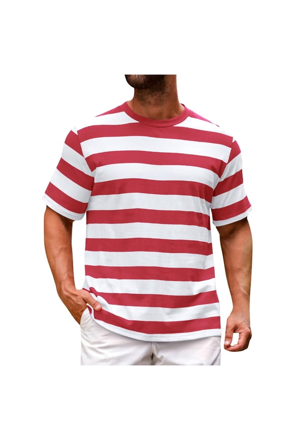 Mens Short Sleeve Striped T-Shirt Crew Neck Basic Top Casual Work Shirt