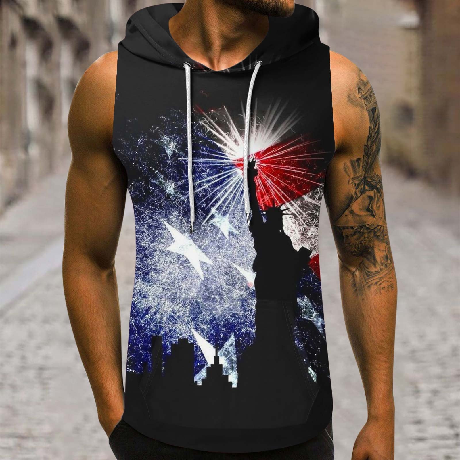 Pitauce Mens Sleeveless Patriotic Hoodies for 4th of July, Gym