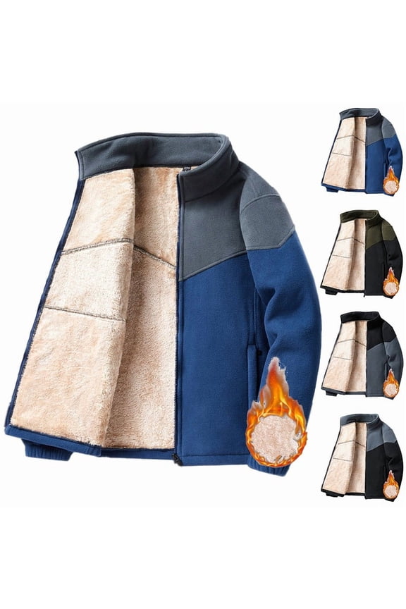 Mens Soft Warm Fleece Lined Jacket Full Zip Stand Collar Sherpa Jacket Coat Color Block Winter Fall Casual Outwear with Multi Pockets, M-5XL