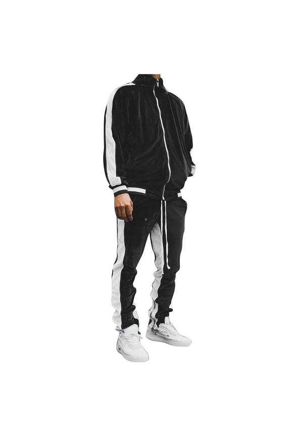 Mens Velour Tracksuit Set Color Block 2 Piece Full Zip Jacket & Pants Activewear Casual Sweat Suit