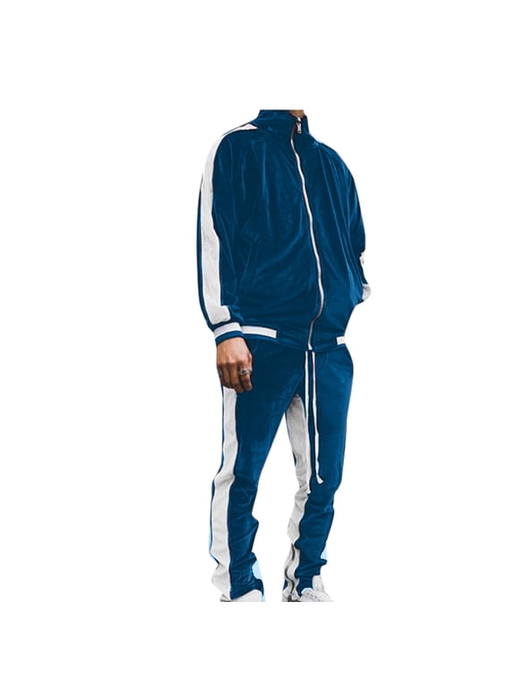 Mens Velour Tracksuit Set Color Block 2 Piece Full Zip Jacket & Pants Activewear Casual Sweat Suit