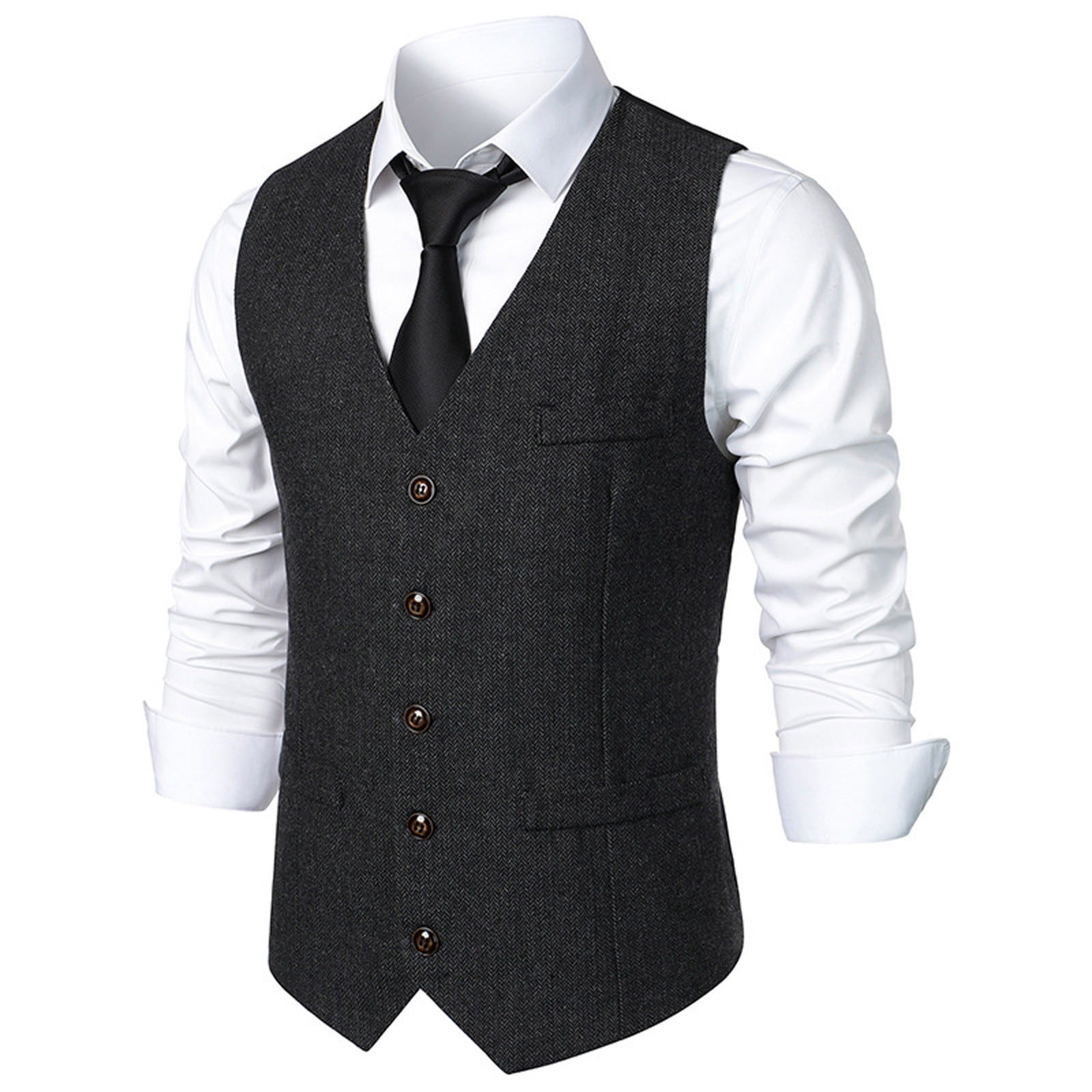 Pitauce Mens Vintage Herringbone Wool Tweed Suit Vest Business Casual V ...