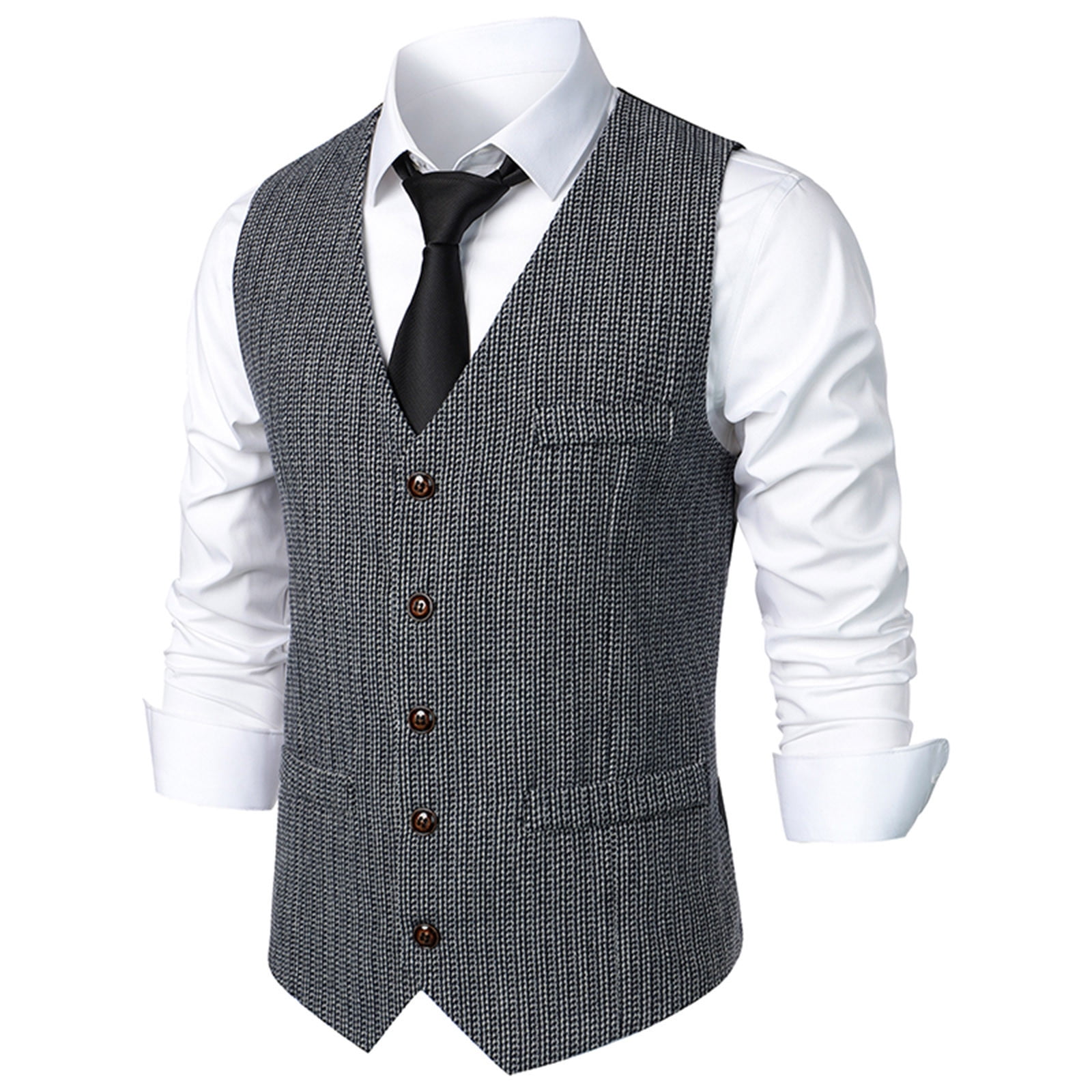 Pitauce Mens Vintage Herringbone Wool Tweed Suit Vest Business Casual V