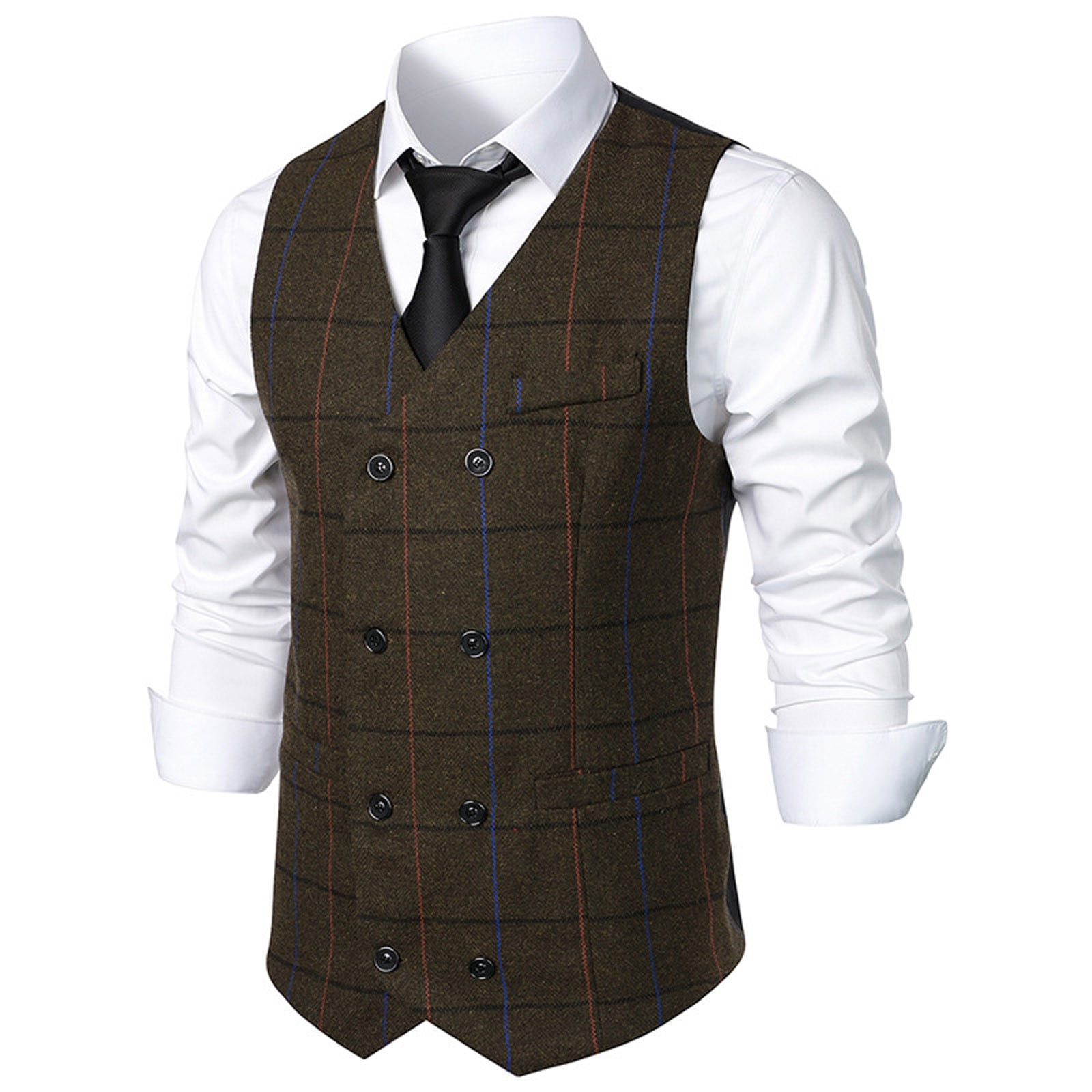 Pitauce Mens Vintage Plaid Herringbone Wool Tweed Suit Vest Business