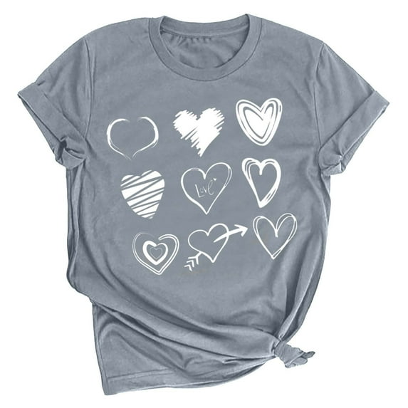 Axiiglly Valentine's T Shirt for Women Love Heart Tee Shirts Cute Print Short Sleeves Graphic Tee Tops