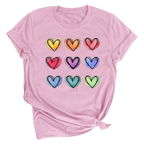 Axiiglly Valentine's T Shirt for Women Love Heart Tee Shirts Cute Print Short Sleeves Graphic Tee Tops