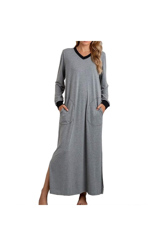 Nightgowns for Women Long Loungewear V-Neck Long Sleeve Nightgown Loose Ultra-Soft Full Length Sleepwear with Pocket