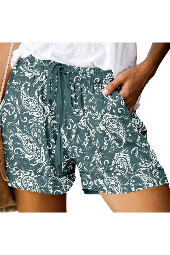 Plus Size Shorts for Women Summer Tropical Flower Printed Lounge Shorts Elastic Waist Drawstring Casual Shorts Loose Wide Leg Shorts with Pockets