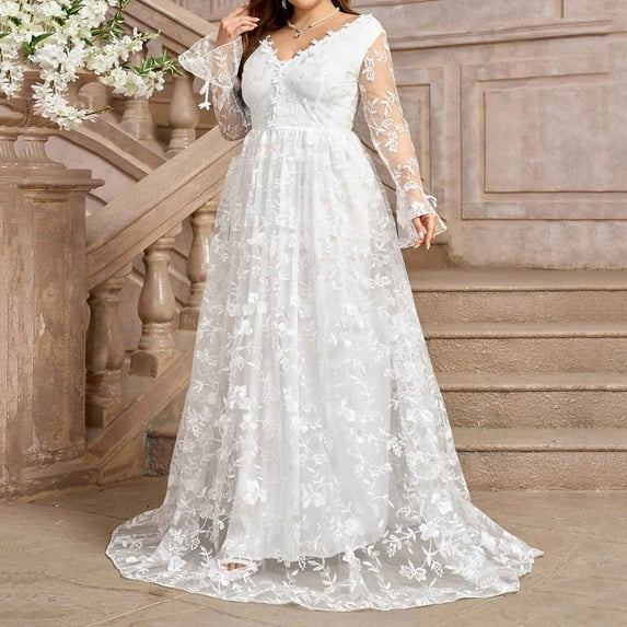 Pitauce Plus Size Wedding Dresses for Bride, Long Lace Appliques Long Maxi Bridal Gowns, Women's Long Sleeve Beach Bride Dress, V Neck Backless Wedding Dresses