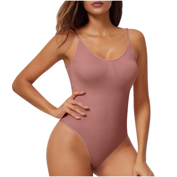 Pitauce Ribbed Bodysuit Thong Shapewear for Women Spaghetti Straps High Cut Body Shaper Seamless Tummy Control Bodysuit