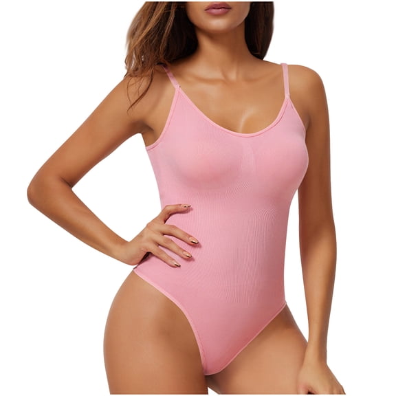 Pitauce Ribbed Bodysuit Thong Shapewear for Women Spaghetti Straps High Cut Body Shaper Seamless Tummy Control Bodysuit