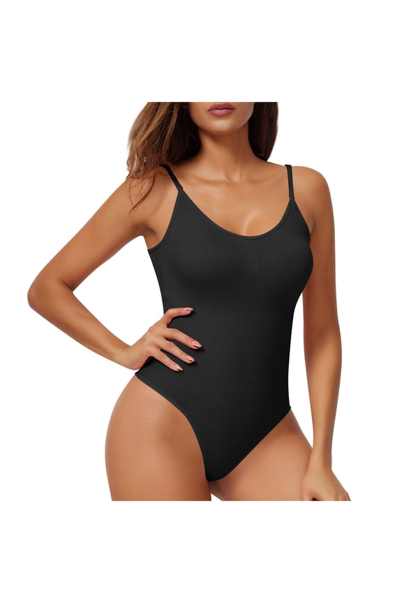 Ribbed Bodysuit Thong Shapewear for Women Spaghetti Straps High Cut Body Shaper Seamless Tummy Control Bodysuit