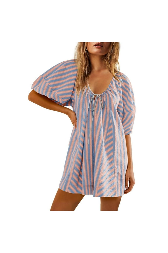 Rompers for Women Summer Casual Striped Puff Short Sleeve Wide Leg Shorts Oversized Adjustable Neck One Piece Jumpsuits with Pockets