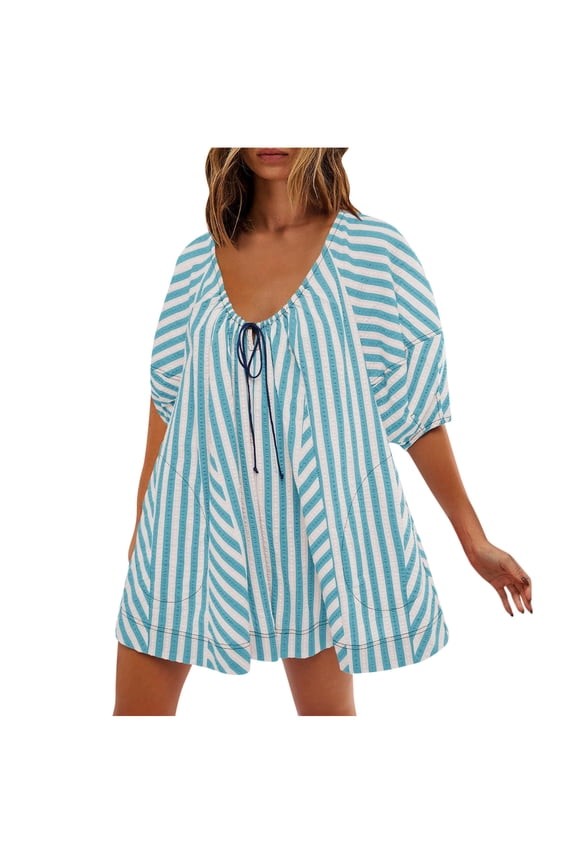 Rompers for Women Summer Casual Striped Puff Short Sleeve Wide Leg Shorts Oversized Adjustable Neck One Piece Jumpsuits with Pockets