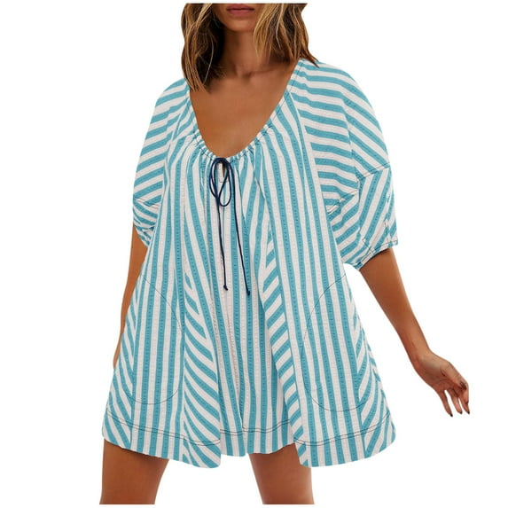 Pitauce Rompers for Women Summer Casual Striped Puff Short Sleeve Wide Leg Shorts Oversized Adjustable Neck One Piece Jumpsuits with Pockets