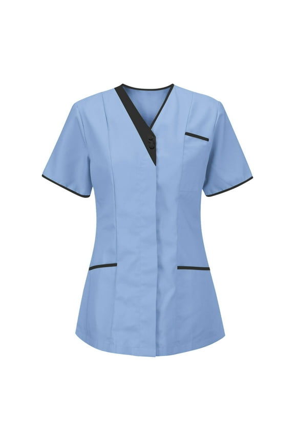 Scrub Tops for Women, Button Down Short Sleeve Medical Nursing Scrub, Nurse Uniform with Pockets, Summer Cleaning Shirts for Housekeeping