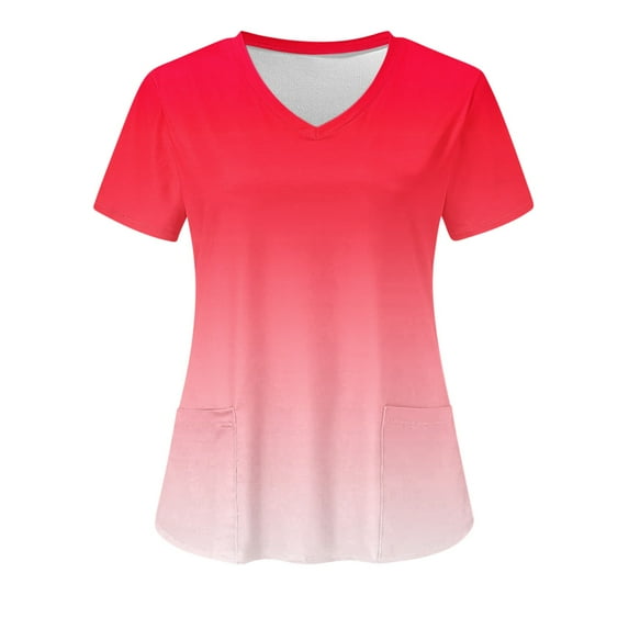 Pitauce Scrub Tops for Women Short Sleeve Gradient Color V-Neck Shirts Tunic Tops Medical Nursing Working Uniform Blouse with Pocket