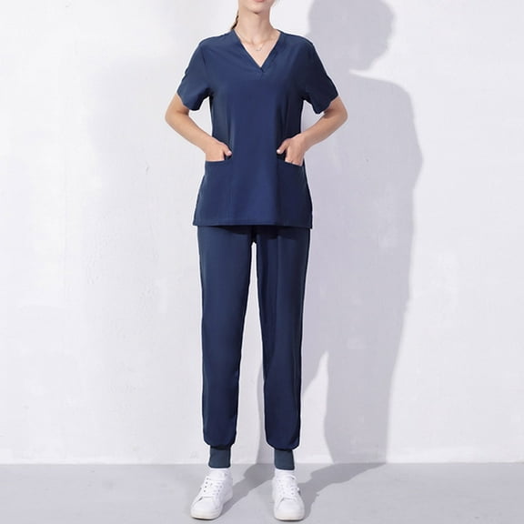 Pitauce Scrubs for Women Set Solid Color V-Neck Short Sleeve Tops Pants Nurse Suit Loose Comfy Working Uniform Suit with Pockets on Clearance