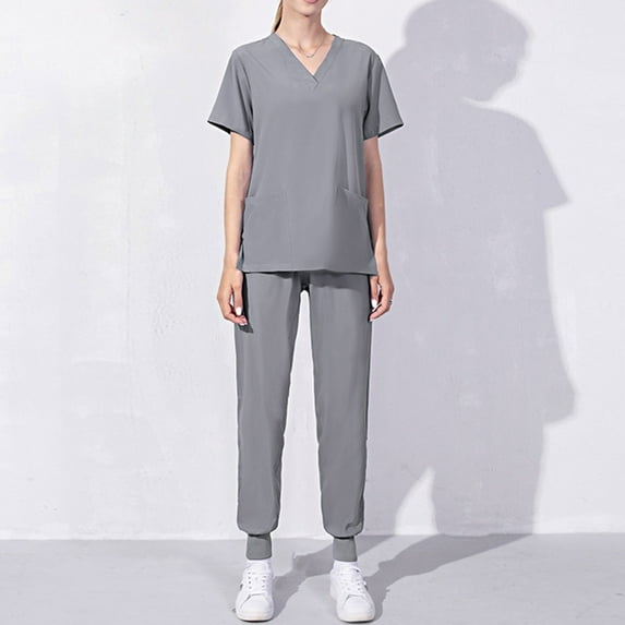 Pitauce Scrubs for Women Set Solid Color V-Neck Short Sleeve Tops Pants Nurse Suit Loose Comfy Working Uniform Suit with Pockets on Clearance