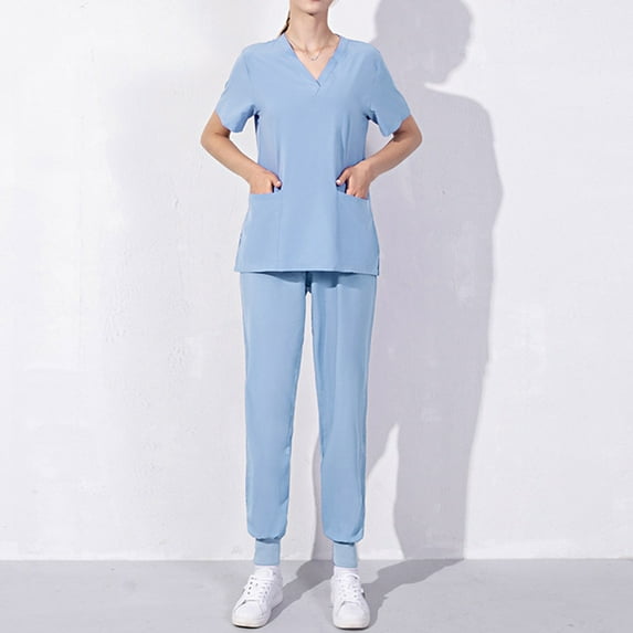 Pitauce Scrubs for Women Set Solid Color V-Neck Short Sleeve Tops Pants Nurse Suit Loose Comfy Working Uniform Suit with Pockets on Clearance