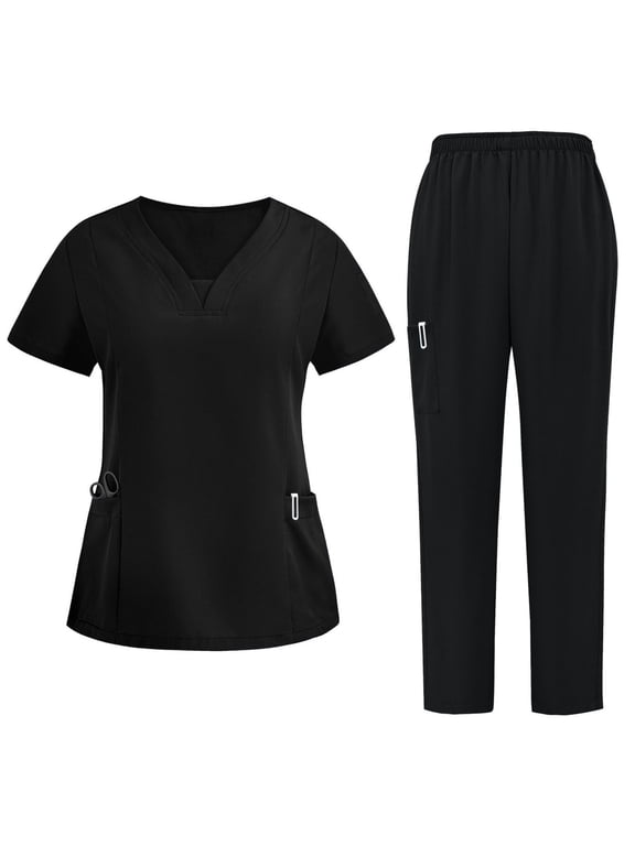 Scrubs for Women Set V-Neck Scrubs Top Scrub Pants Medical Nursing Uniforms Solid Stretch Workwear with Pocket
