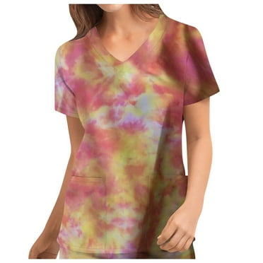 Pitauce Scrubs for Women V Neck Soft Stretch Tops Workwear Tie Dye Print Nursing Tunic Uniform with Pockets on Clearance