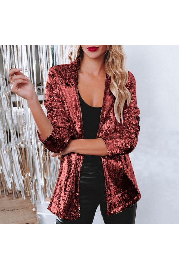 Sequin Blazer for Women Solid Color Casual Open Front Jacket Long Sleeve Lapel Collar Cardigan Casual Versatile Sparkly Evening Blazer