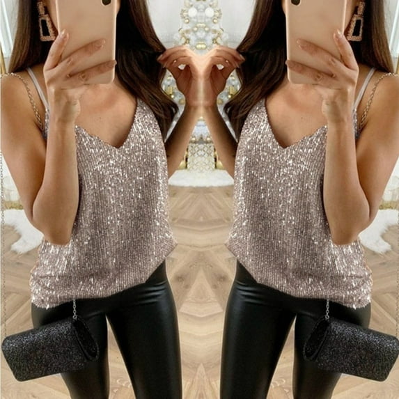 Pitauce Sequine Tops for Women Plus Size V-Neck Sleeveless Sling Tank Top Sequin Sparkle Shimmer Cocktail Camisole Top Blouses