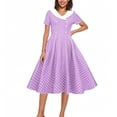 thumbnail image 1 of Pitauce Summer Dresses for Women 1950s Vintage Hepburn Style Short Sleeve Dresses V Neck Button Plaid Printed Flowy A-Line Knee-High Dresses, 1 of 6