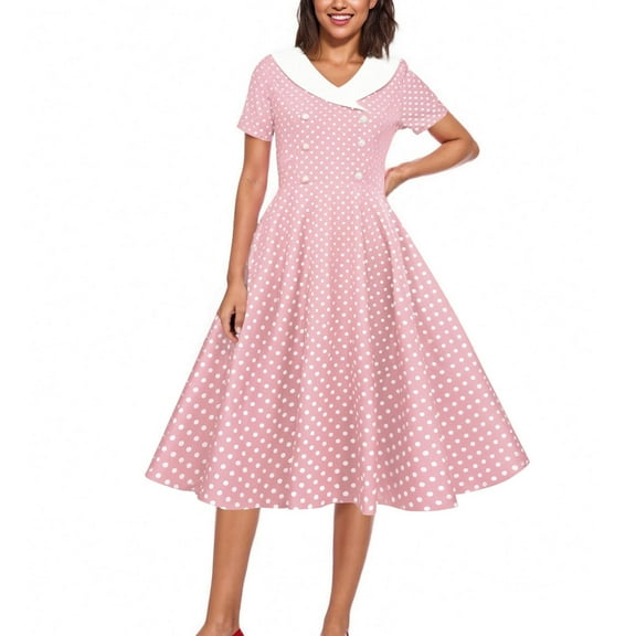 Pitauce Summer Dresses for Women 1950s Vintage Hepburn Style Short Sleeve Dresses V Neck Button Plaid Printed Flowy A-Line Knee-High Dresses
