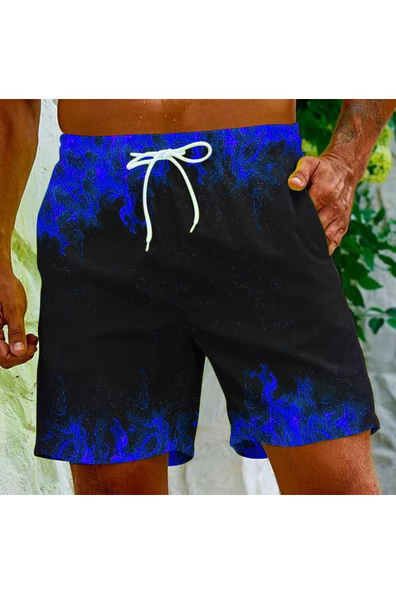 Summer Plus Size Board Shorts for Men Flame Print Lightweight Quick-Drying Beachwear Elastic Waist Drawstring Bathing Suit with Pocket