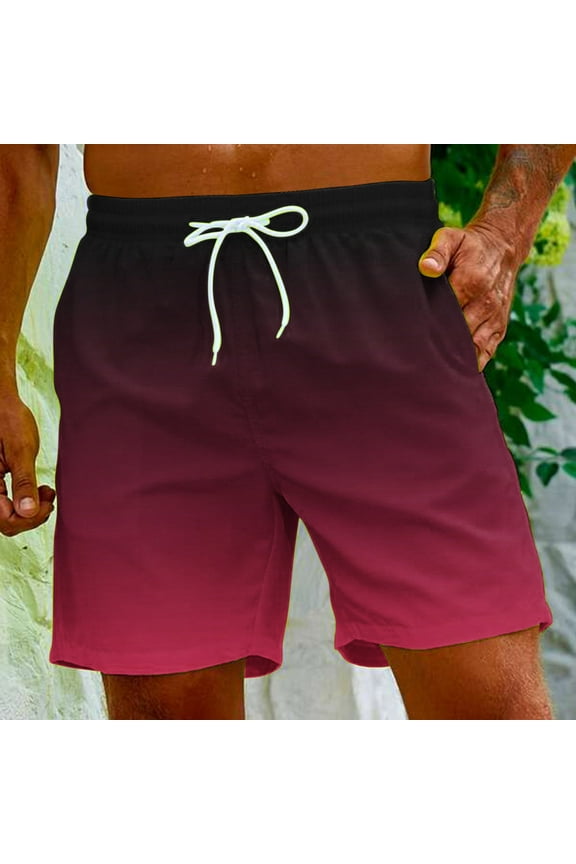 Summer Plus Size Board Swim Shorts for Men Gradient Color Lightweight Quick Dry Beachwear Elastic Waist Drawstring Bathing Suit with Pocket