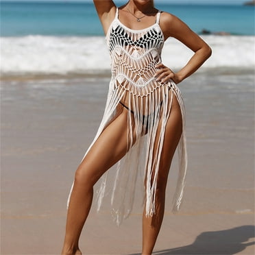 Pitauce Swimsuit Coverup for Women Summer Crochet Hollow Out Knit Beach Bathing Suit Swim Cover Ups Tassel Vacation Dresses on Clearance