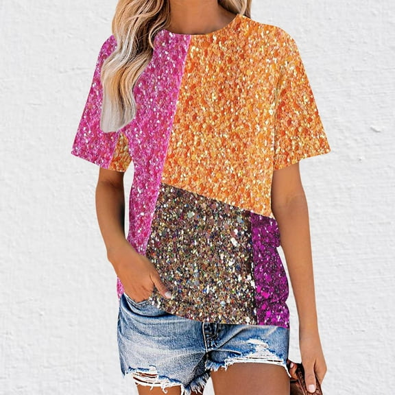 Pitauce T-Shirts for Women Crew Neck Short Sleeve Shirts Sequin Printed Graphic Tees Summer Casual Loose Fit Oversized T-Shirt Tunic Tops Blouses