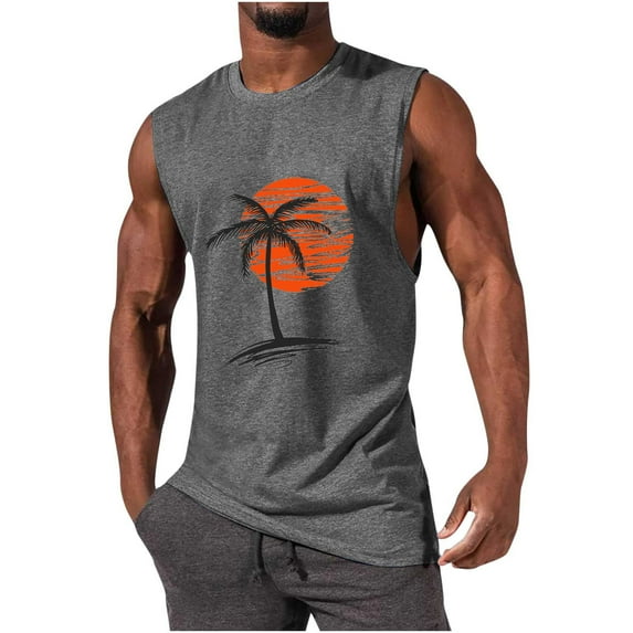 Pitauce Tank Tops Men Sleeveless Gym Workout Tops Casual Loose Fit Pullover Crew Neck Muscle Shirt Hawaiian Tropical Print Oversized Graphic Tee