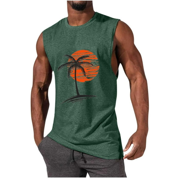 Pitauce Tank Tops Men Sleeveless Gym Workout Tops Casual Loose Fit Pullover Crew Neck Muscle Shirt Hawaiian Tropical Print Oversized Graphic Tee