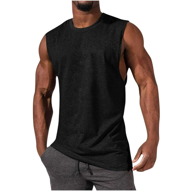 Pitauce Tank Tops Men Sleeveless Gym Workout Tops Summer Casual Loose Fit Crew Neck Muscle Shirt Solid Color Pullover Bodybuilding Fitness T-Shirt